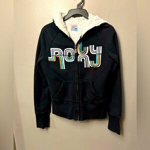 Roxy hooded sweatshirt - black with multicolored retro print logo fleece lined